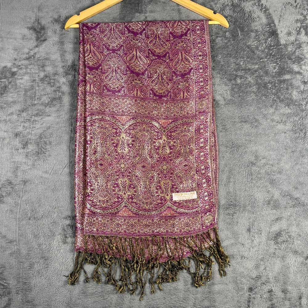 VTG Pashmina Reversible Shawl Womens Purple Gold Jacquard Paisley Tasseled Edge